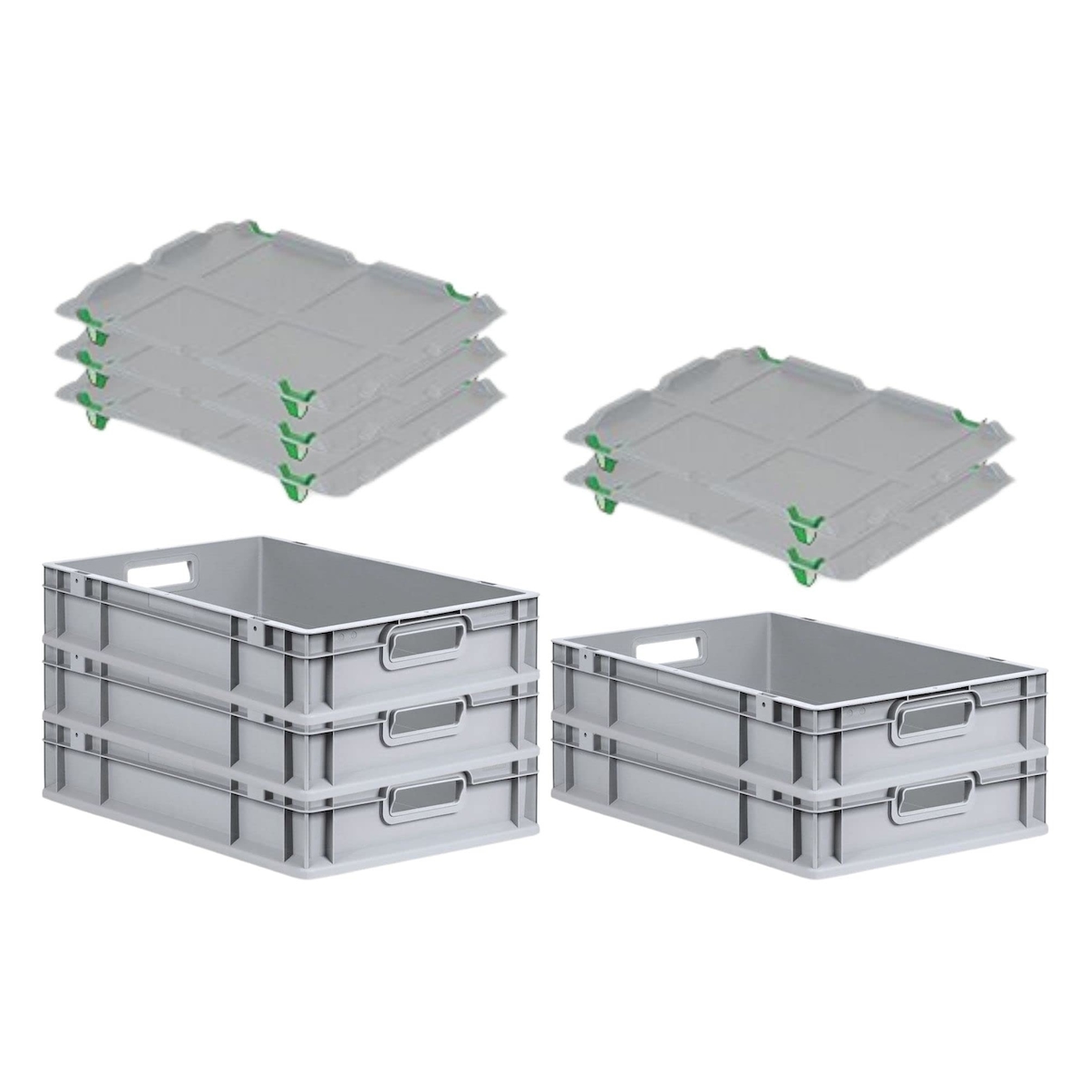 PROREGAL SparSet 5x Eurobox NextGen Grip mit Auflagedeckel & 4 grünen Verschlüssen, HxBxT 12x40x60cm, 23L, Grau, Griffe offen, Eurobehälter Image