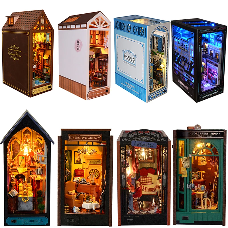 DIY Buch Nook Kit Holz Mini Puppenhaus mit LED-Licht 3D Puzzle Modellbau Holz Bücherregal Buchstütze Spielzeug Geburtstagsgeschenke