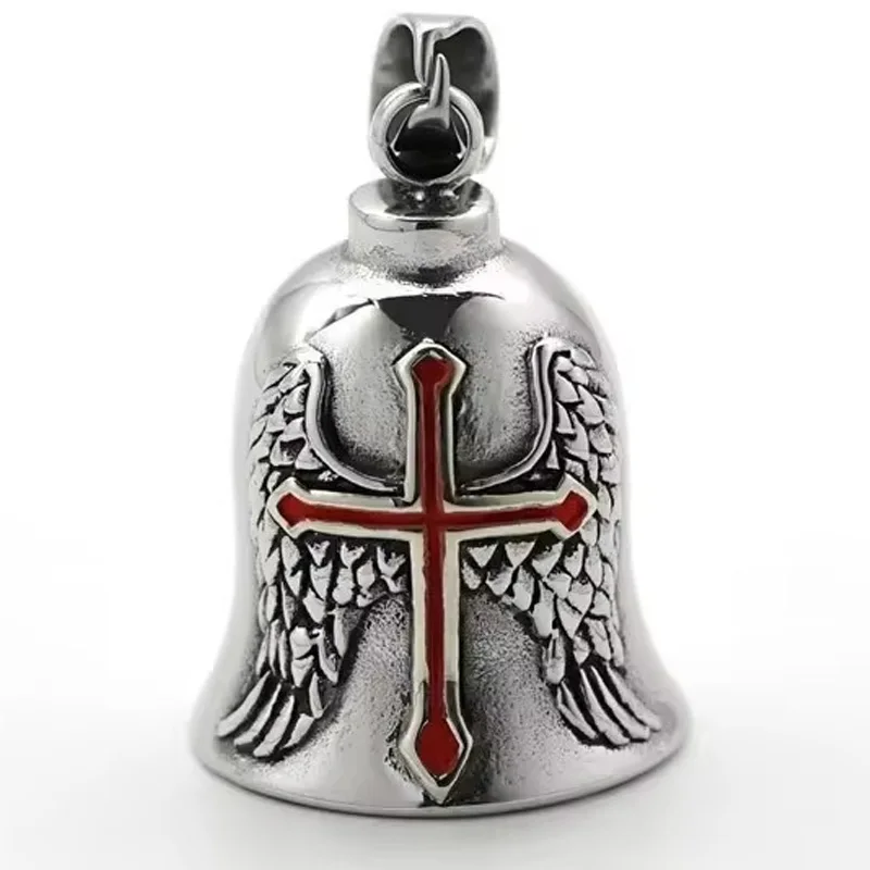 Metall Schutzengel Glocke Schlüsselanhänger Gothic Motorrad Männer Biker Charm Rotes Kreuz Flügel Amulett Anti Evil Lucky Rider Zubehör Image
