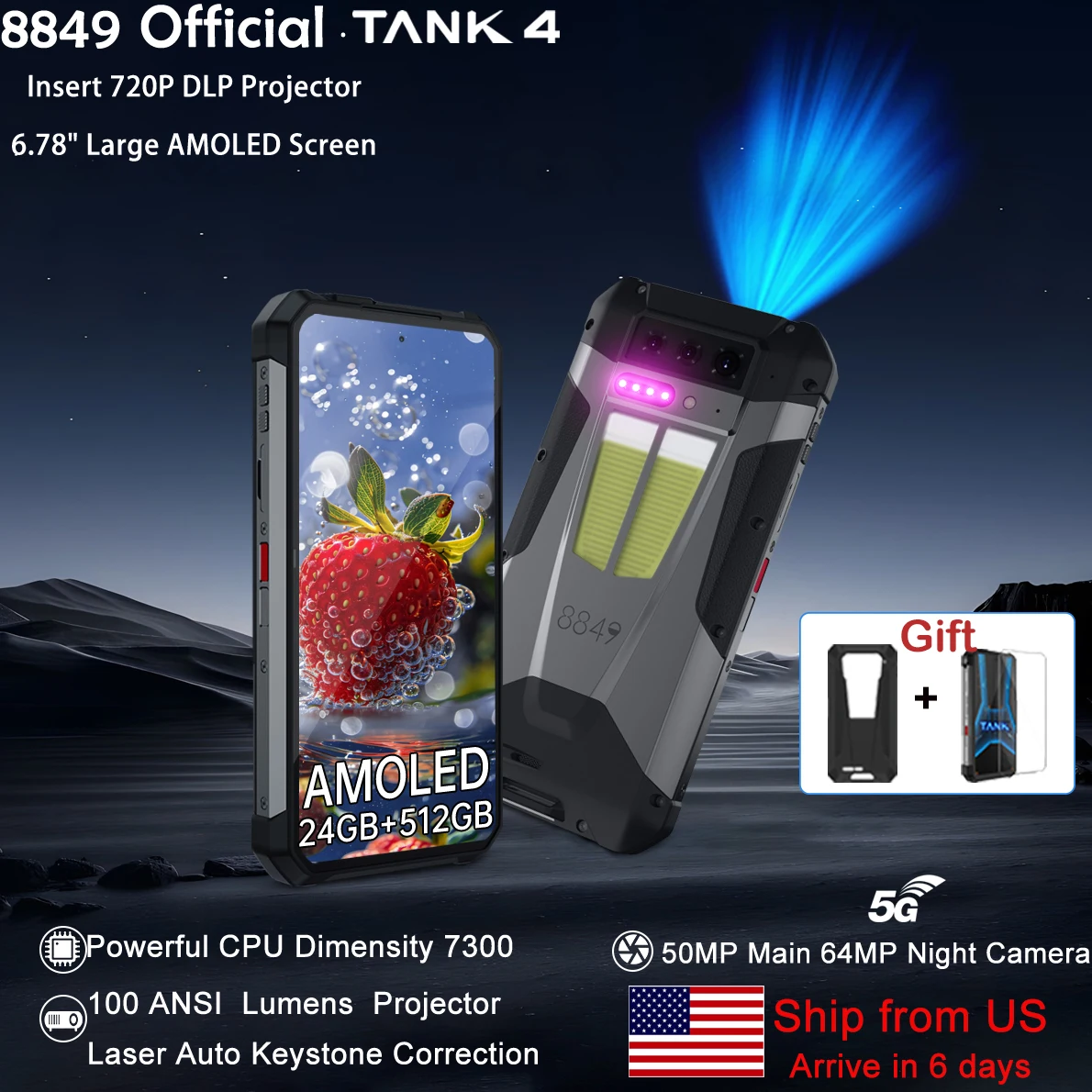 8849 Tank 4 Unihertz 5G Rugged Smartphone Projector 720P 100 Lumen 6.78'' AMOLED 512G Android14 11600mAh Dimensity 7300 120Hz