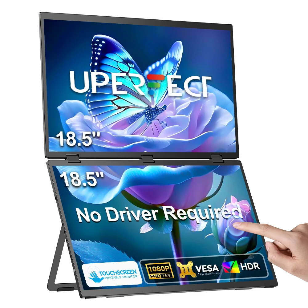 UStation Δ / Delta Plus Touch Moniteur empilé pour ordinateur portable double écran pliable sans lecteur requis Écran IPS 18,5" FHD 100 Hz avec USB C Mini HDMI VESA Support de réglage pour PC Mac