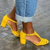 Gelbe Knöchelschnalle, ausgeschnittene Sandalen, klobige High Heels, High Heel-Schuhe für Damen, modisch, sexy Heels, 2024, neue Zapatos Para Mujere