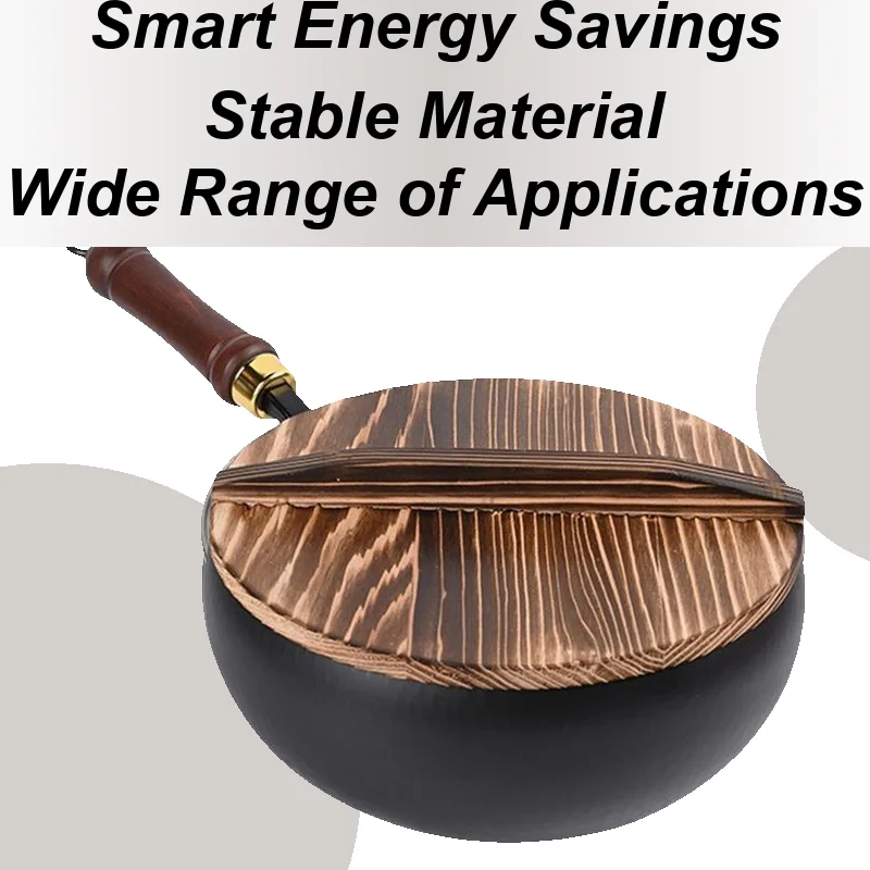 Wok-Pfanne, Eisen-Brat-Wok, unbeschichtete, hitzebeständige Eisenpfanne mit Deckel für drinnen, Camping, Zuhause, Küche, Restaurant, Kochen Image