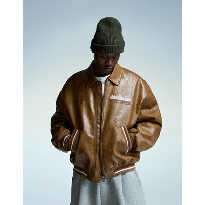 Bershka Leather Effect Embroidered Jacket Men S Camel
