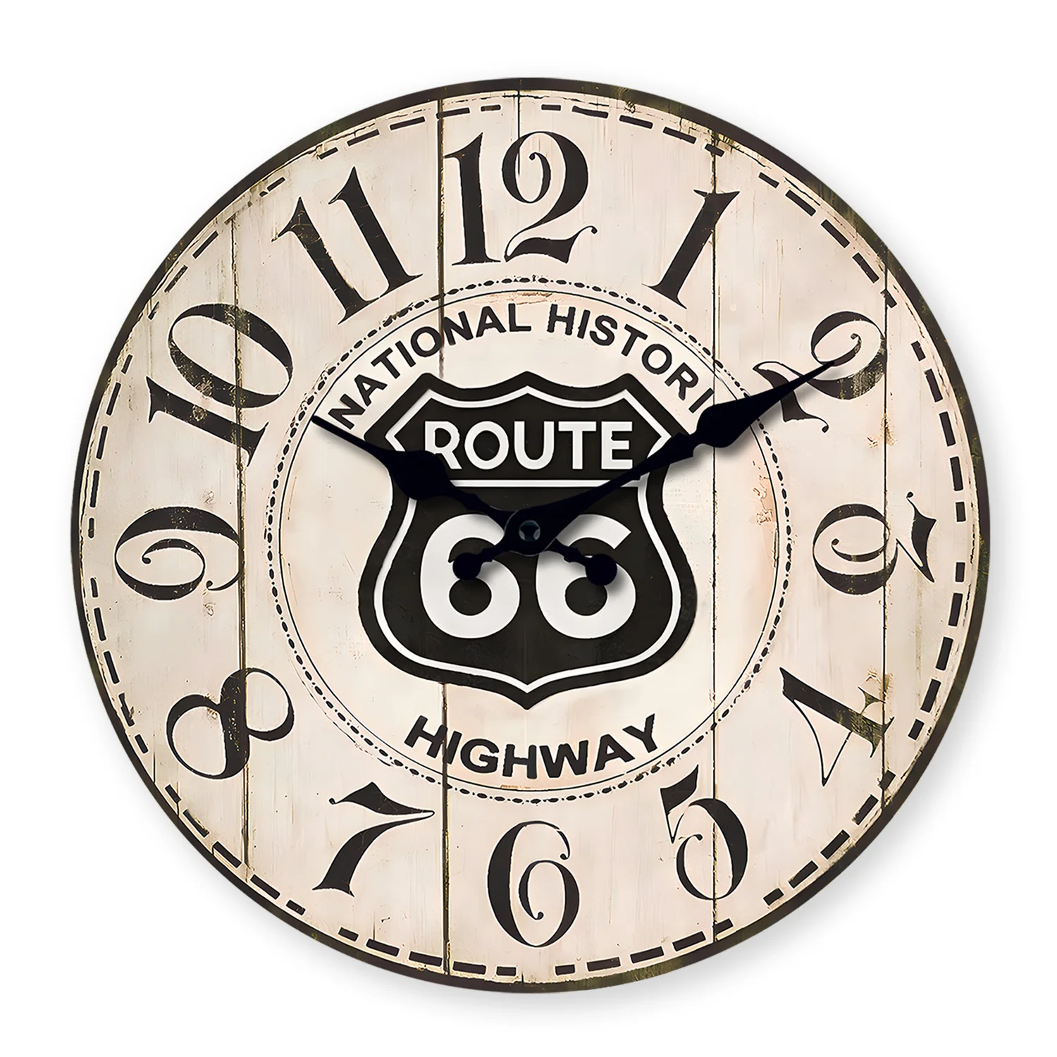 Vintage Route 66 Muster Holz-Wanduhr Wohnzimmer Schlafzimmer Küche Heim-Deko Geräuschlose Quarzuhr Geschenk 10-Zoll 12-Zoll 14-Zoll 16-Zoll (Ohne Batterie) Image