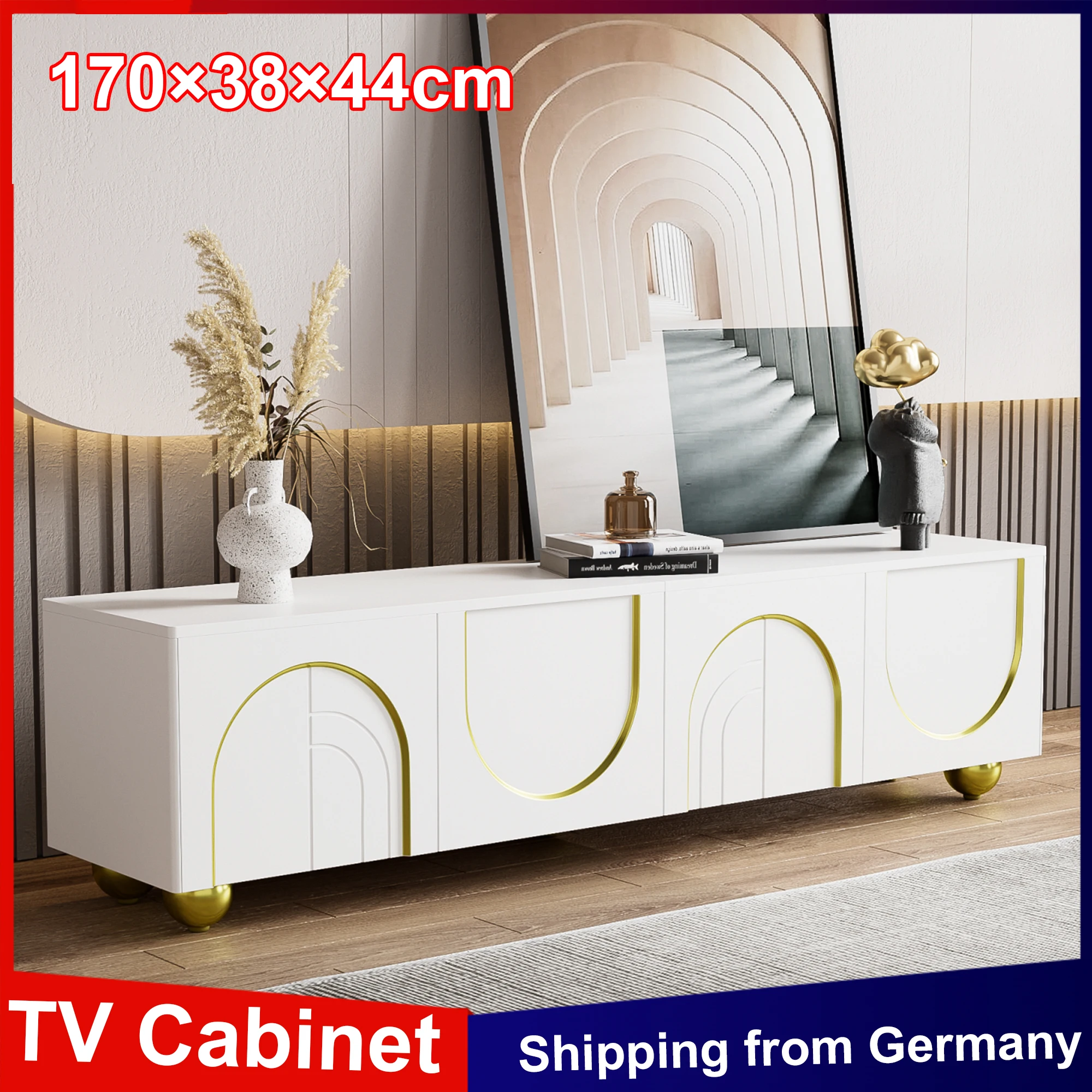 Anajqaqia Meuble TV 170 × 38 × 44 cm, meuble TV blanc avec 4 portes Arches dorées, porte poussée à ouvrir, avec 5 pieds ronds et étagères dorés