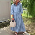 Abito chemisier da donna Abito lungo con maniche a 3/4 Abito con bottoni sul risvolto Abito altalena Tasche A-line con volant Abito estivo da spiaggia a strati Abbigliamento da spiaggia