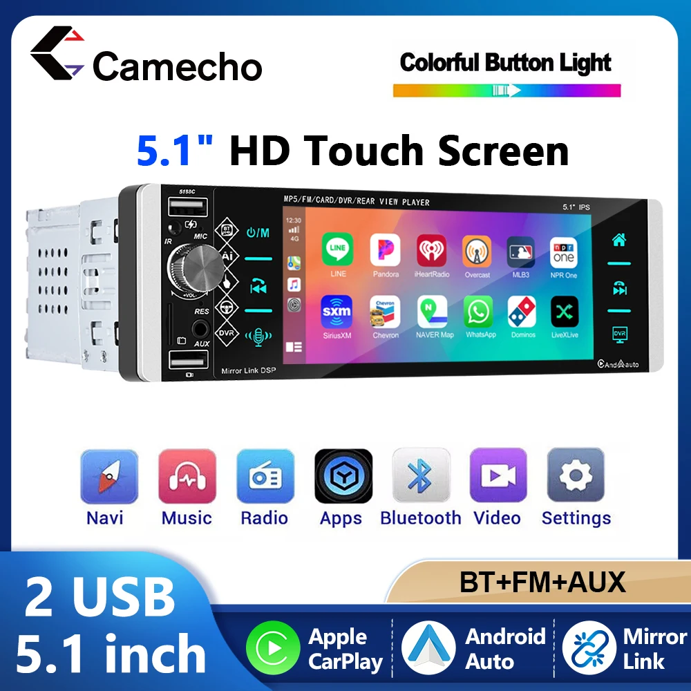 Camecho 5,1 Zoll Autoradio 1 Din Stereo In-Dash 1Din Autoradio FM Mikrofon Carplay Android Auto Bluetooth MP5 Video Player