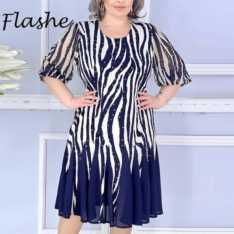 Elegante Frau Kleid Blau Halbe Hülse Vintage Gedruckt Kleid Sommer O Neck Lose Strand Urlaub Kleid Plus Größe Frauen Robe