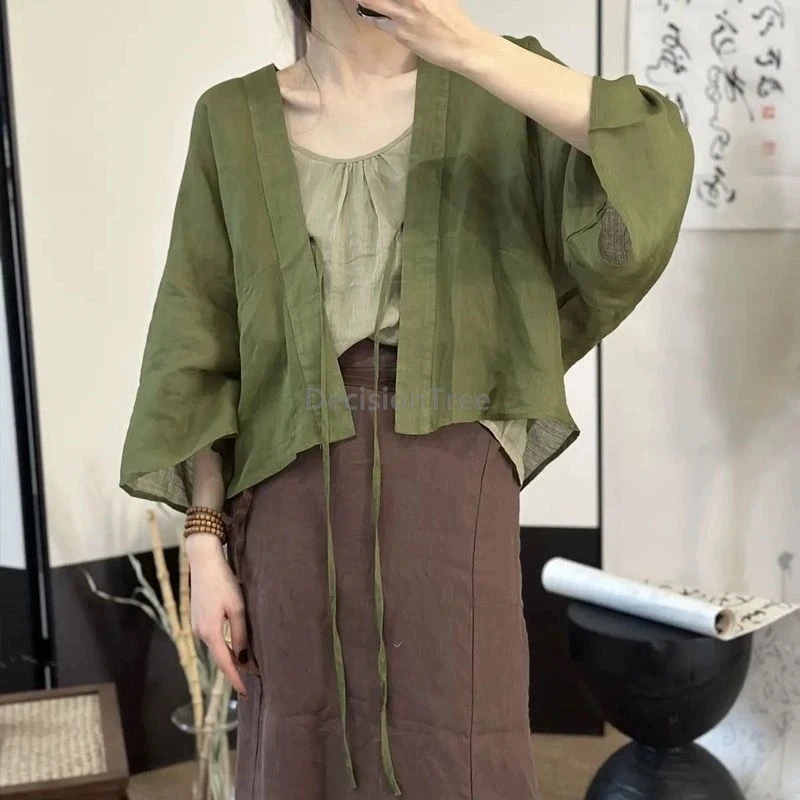 2025, Sommer-High-End-Strickjacke, fortschrittlicher Sinn, dünne Baumwoll-Leinen-Strickjacke, reine Farbe, Schnürung, Sonnenschutz-Strickjacke, Vintage-Schal im chinesischen Stil Image