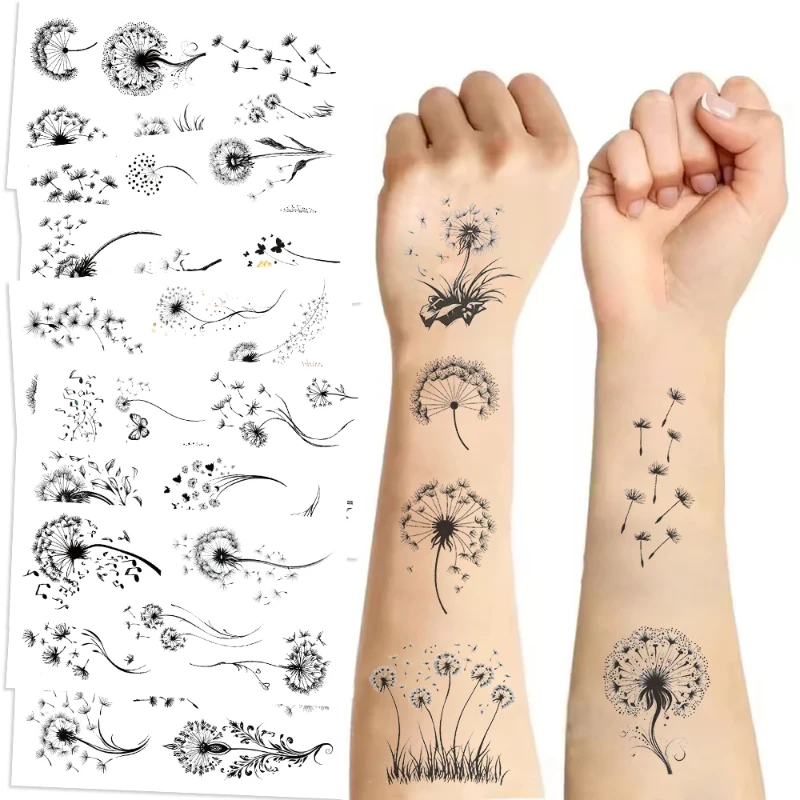 10 Blatt/Set Schwarz-Weiß-Serie Löwenzahn Blume Tattoo Aufkleber Wasserdichte Dekoration Arm Wange Party Tattoo Aufkleber Image