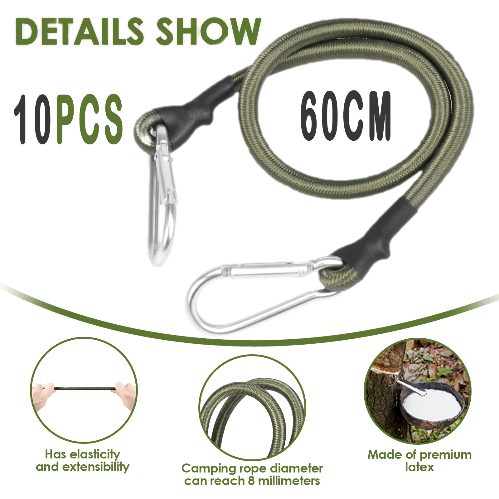 10 Stück Latex-Karabiner, Bungee-Seil, wetterbeständig, vielseitiger Spanngurt für Markise, Plane, Gepäck, Fahrrad, Auto, Fracht Image