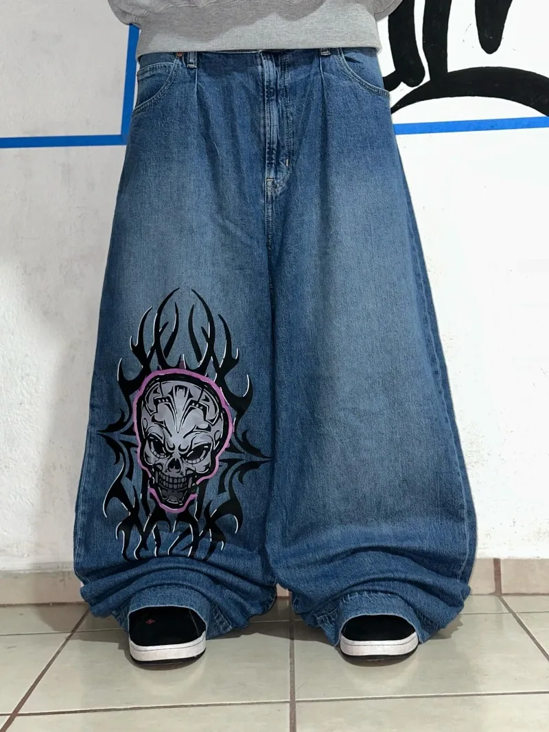 90er Jahre Hellblau gewaschene Distressed Jeans Skelett Gothic Baggy Hose Streetwear Hip Hop Punk Rock Taille Stretch Denim Hose
