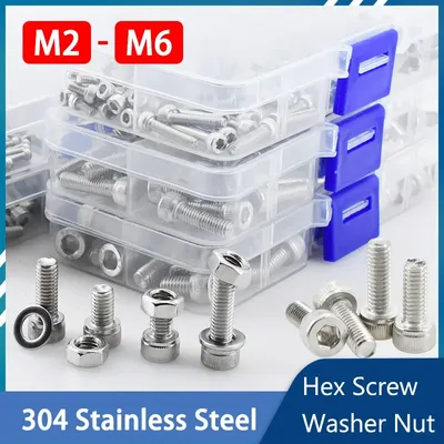 M2 M3 M4 M5 M6 304 Stainless Steel Hex Socket Cap Head Screw Bolt Nut Washer Kit DIN912 Metal Machine Screws Bolts With Box