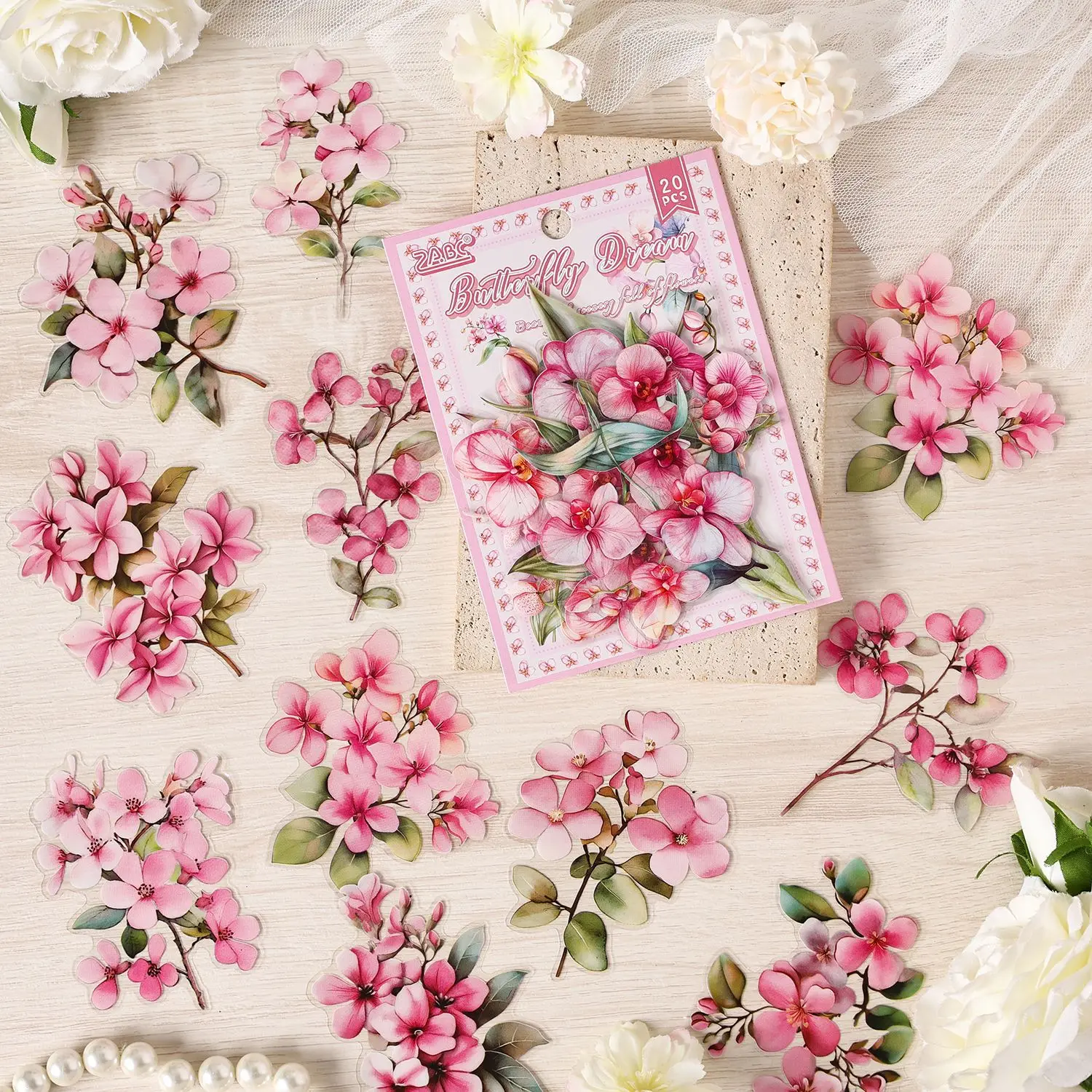 20 Stück rosa Blumenaufkleber – romantische Blumenaufkleber für Tagebuch und Scrapbooking Image