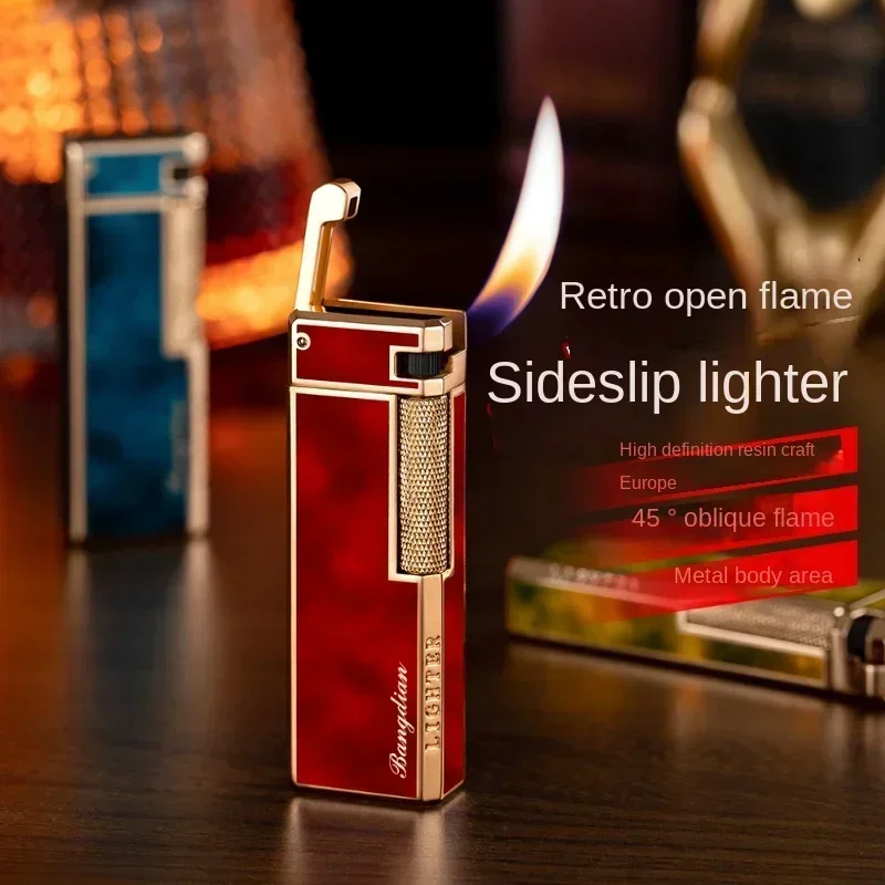 Neues Metall-Schleifrad Seitlich Schiebbares Schrägfeuerzeug Aufblasbares Feuerzeug für Outdoor Tragbares Zigarren-Gasfeuerzeug Klassisches Retro-Geschenk Image