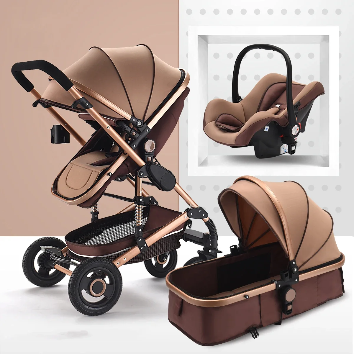 3-in-1-Kinderwagen, luxuriöser, hochlandschaftlicher Kinderwagen, tragbarer Kinderwagen, multifunktionaler Kinderwagen für Neugeborene, doppelseitig Image