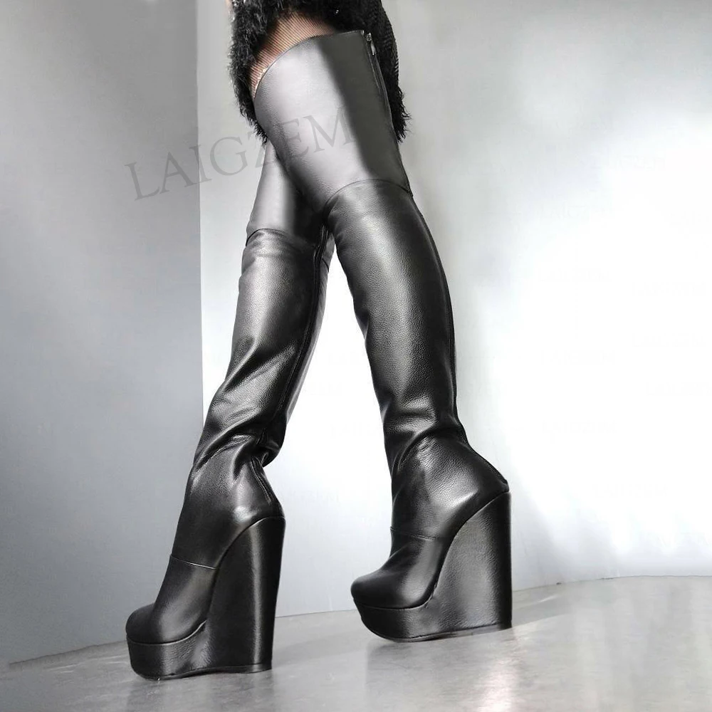 DOBANER Frauen Oberschenkel Hohe Plattform Keile Stiefel Zurück Zip Stiefel Schuhe Frau Über Knie Stiefel Kunstleder Plus Größe 43 44 47 50 52