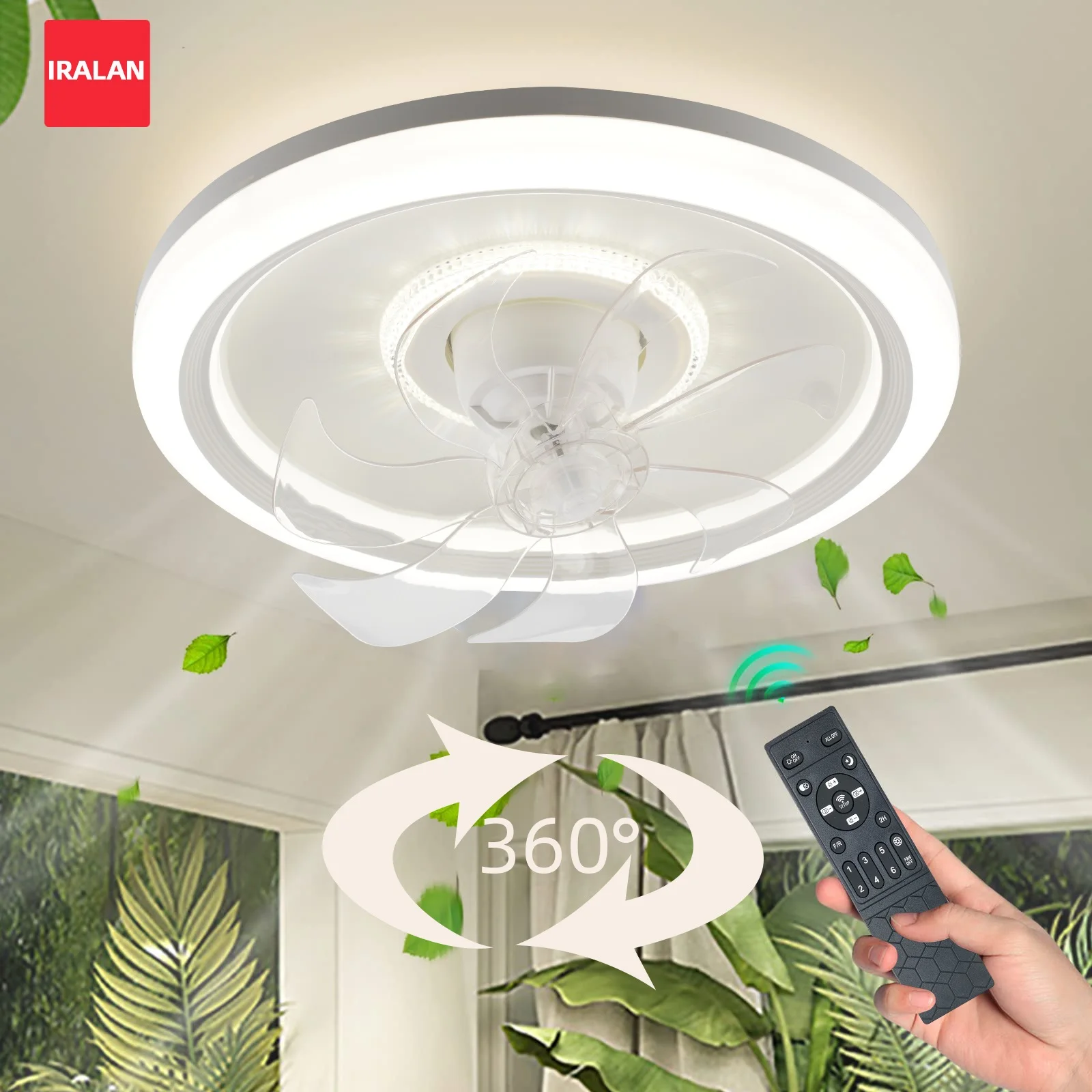 Modern 360° ° Deckenventilator mit Drehkopf und Lichtern, ferngesteuert, unbegrenztes Dimmen, weiß, für Wohnzimmer, Schlafzimmer, minimalistische LED-Ventilatorlampe Image