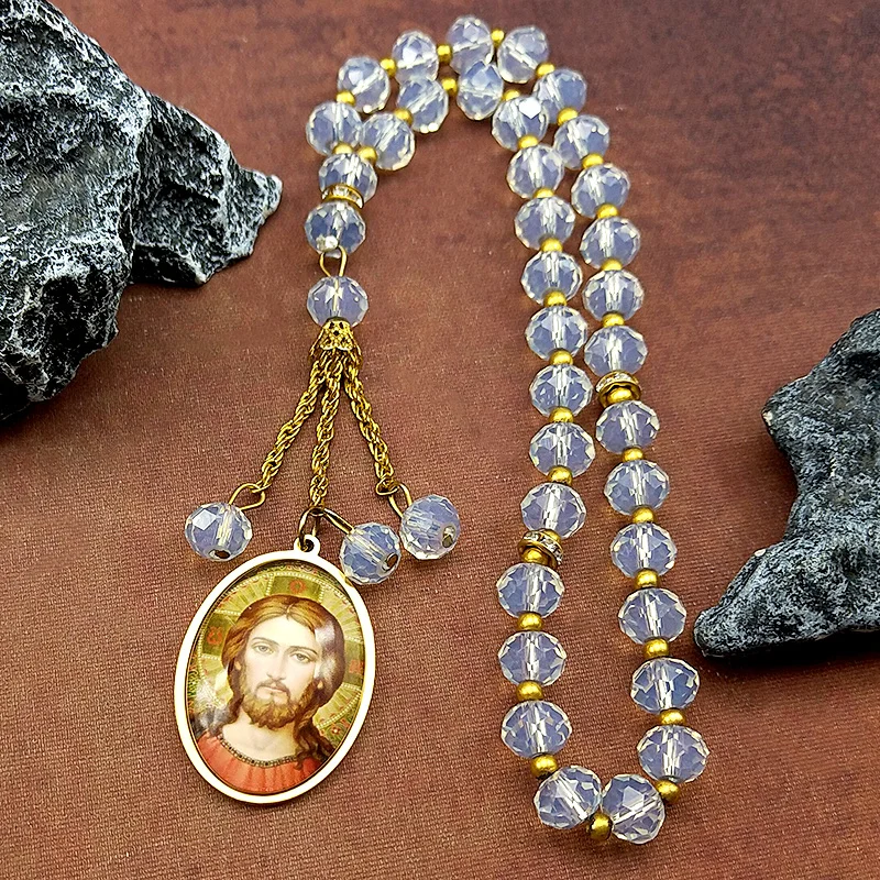 Edelstahl Jesus Kreuz Glas Oval Medaille Auto Anhänger für Frauen Männer Gold Farbe Christian Gebetskette Kette Amulett Schmuck Image