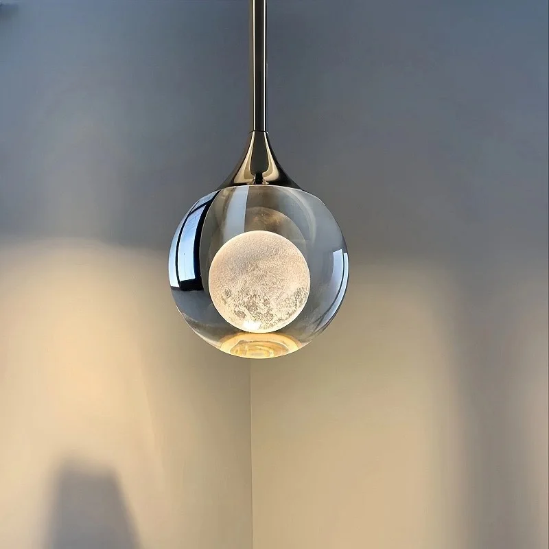 Nordic Mond Runde Design Glas Kleine Led Anhänger Lampe für Eingang Korridor Schlafzimmer Nacht Sofa Lampe Linie Hängen Leuchte Image