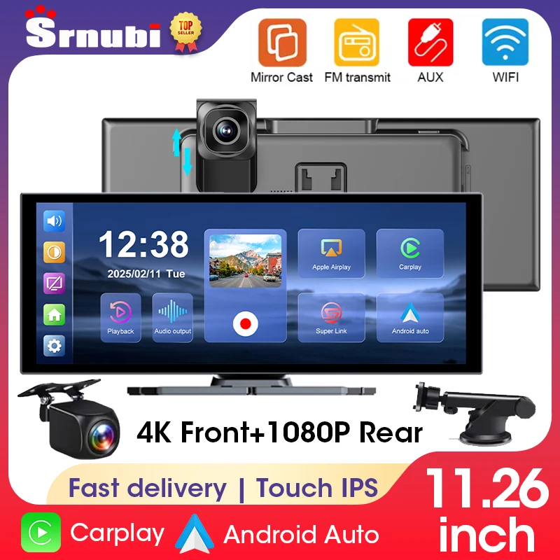 10,26/11,26 Zoll Touchscreen Auto DVR 4K Dash Cam 5G WiFi Wireless Carplay Android Auto GPS Navigation BT Video Recorder FM AUX Image