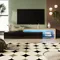 Rosahqnda Meuble TV, meuble TV au design asymétrique avec éclairage LED, grand espace de rangement de 200 cm, peinture haute brillance, étagères en verre