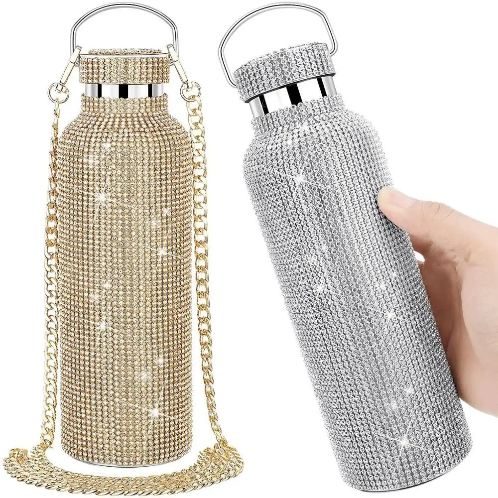 Thermo-Strass-Wasserflasche, Edelstahlkette, Bling-Becher, abnehmbarer Tragegurt, nachfüllbar, Glitzer-Becher für Reisen Image