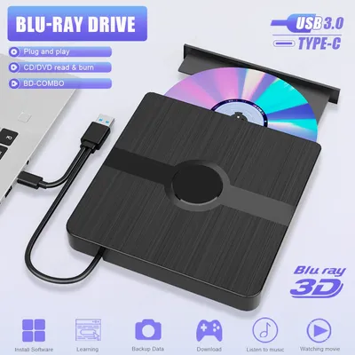 External Blu-ray Drive Portable 3D External CD DVD Drive Bluray Player with USB 3.0 Type-C Dual Port Bluray Drive for Laptop PC
