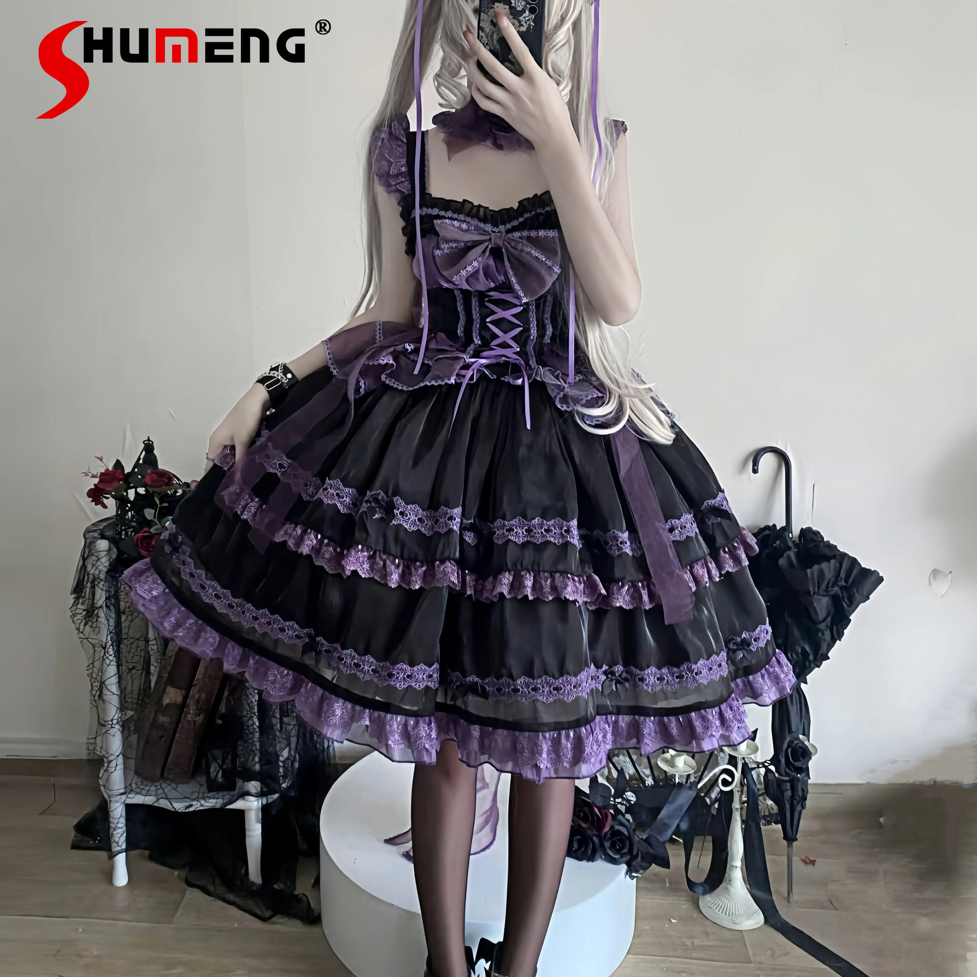 Original Lolita Schwarz Lila Lolita Prinzessin Kleid JSK Mädchen Frau Slim-Fit Elegante Nette Schleife Puffy Kleid Y2k Vestidos de Fiesta