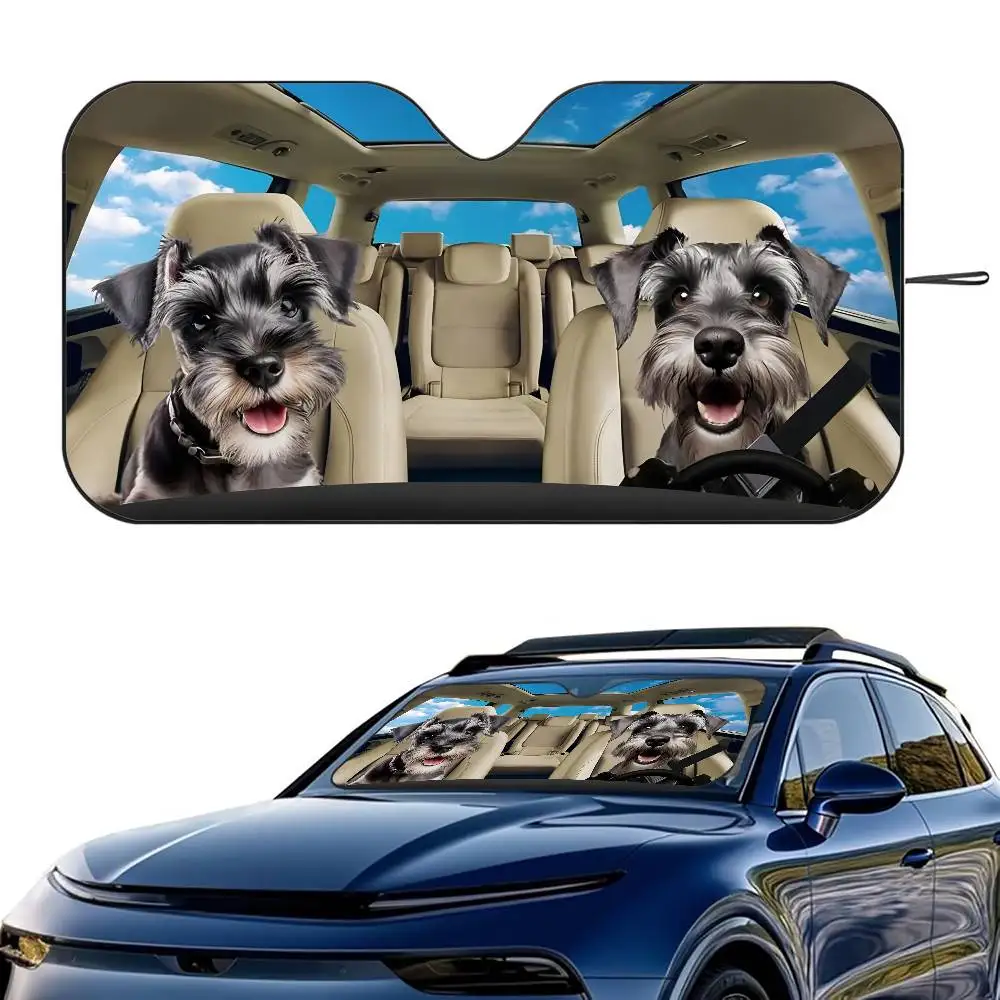 Niedlicher Miniatur-Schnauzer-Hund, Auto-Sonnenschutz, Windschutzscheibe, faltbar, dreilagiger Isolations-Sonnenschutz mit Saugnapf, blockiert UV-Strahlen, Sonne Image