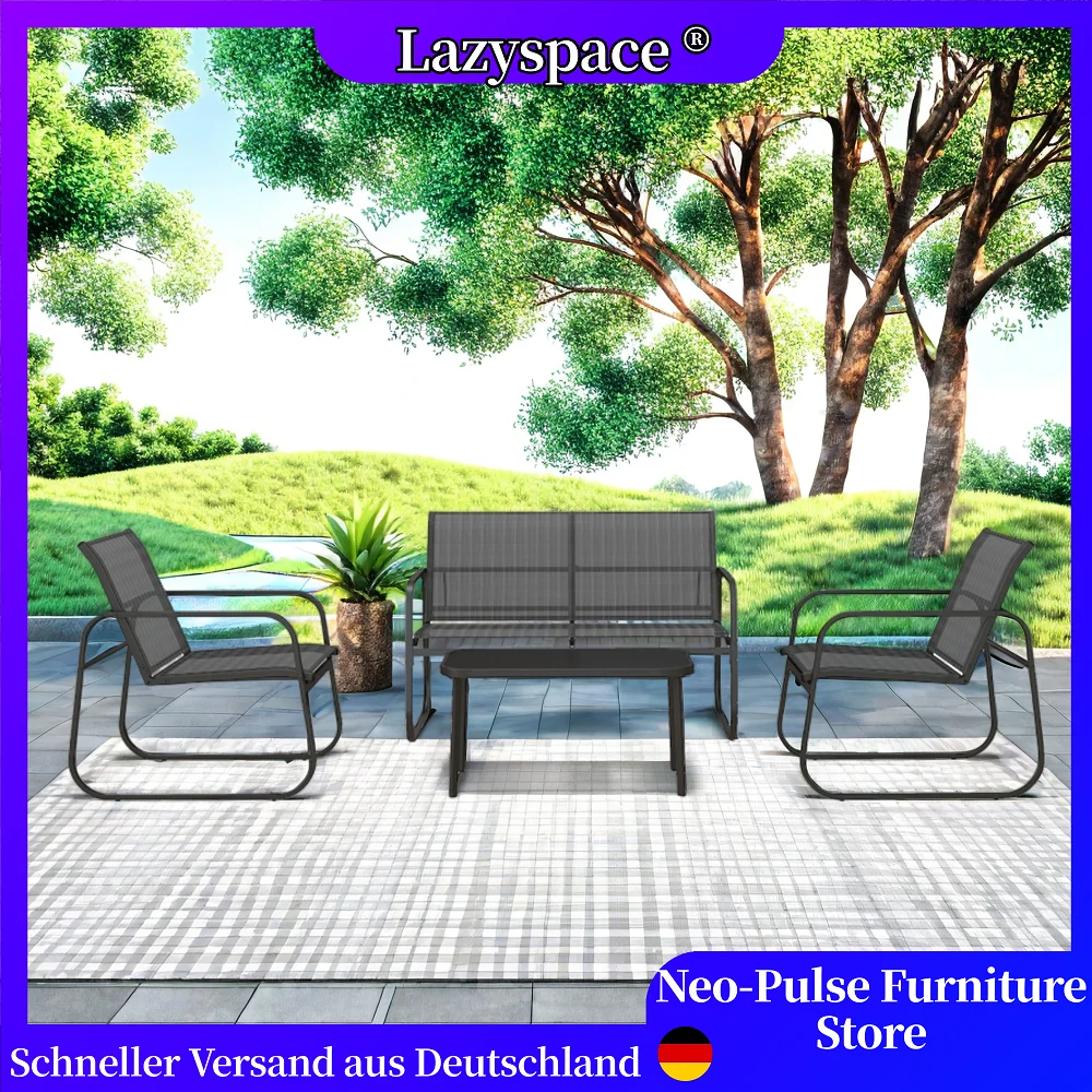Lazyspace 4-teiliges Netz-Gartenmöbel-Set in Schwarz, 1 zwei Sitzer + 2 Stühle + 1 Couchtisch, Balkon, Terrassenmöbel-Set Image