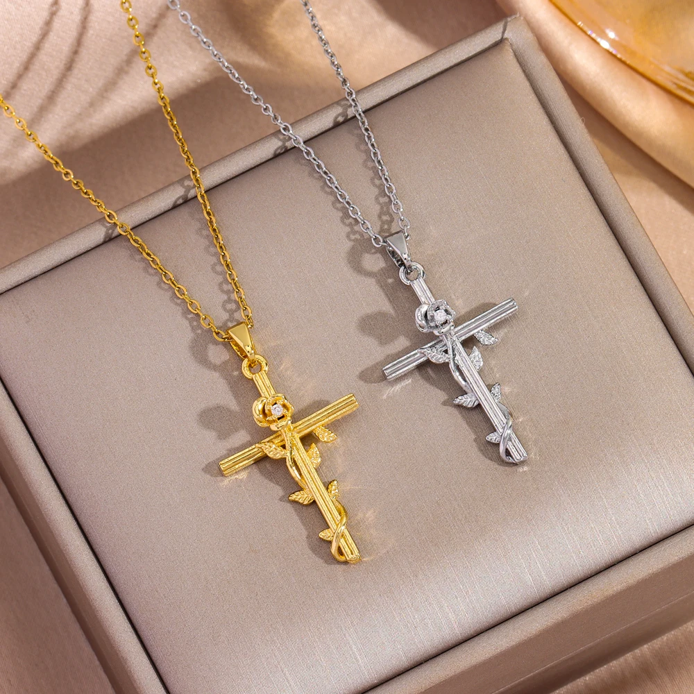 Neu In Vintage Rose Wrap Kreuz Anhänger Halsketten Für Frauen Luxus 18K Gold Überzogene Edelstahl Hals Kette Schmuck Weibliche Image