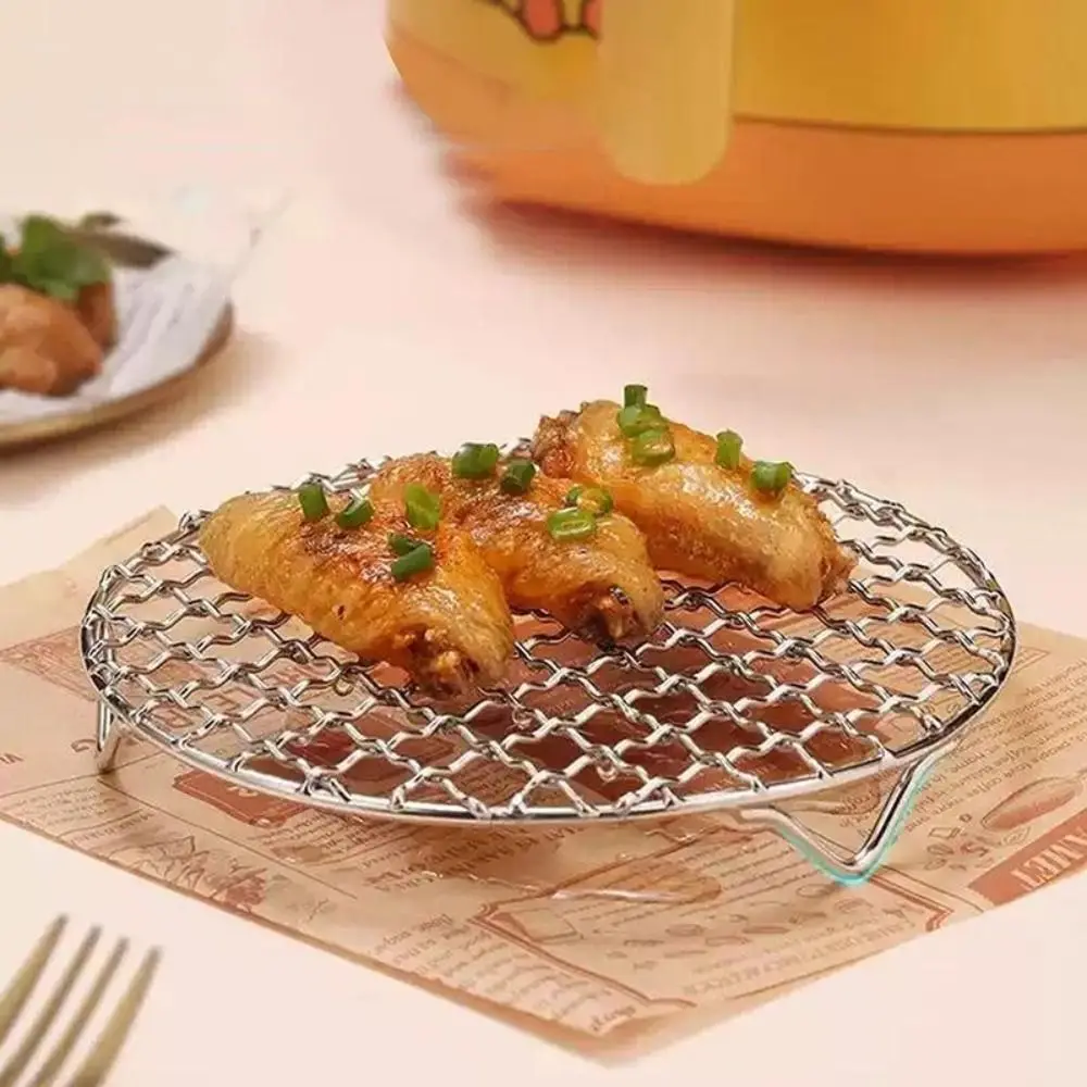 Tragbares Luftfritteuse-Gestell, stapelbar, rund, Edelstahl-Gitter, Grill, Grillnetz mit Fuß, langlebiges Kühlregal, Dampf-Backregal