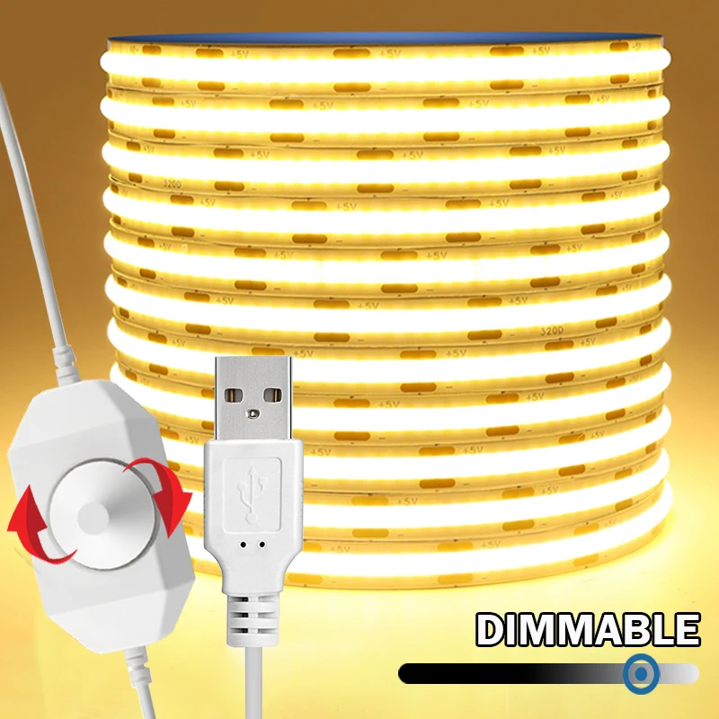 5V COB LED Lichtleiste USB COB Biegsames Klebeband Licht Flexibles LED-Band mit Dimmer für Zimmer TV Hintergrundbeleuchtung Schrank Klebelicht