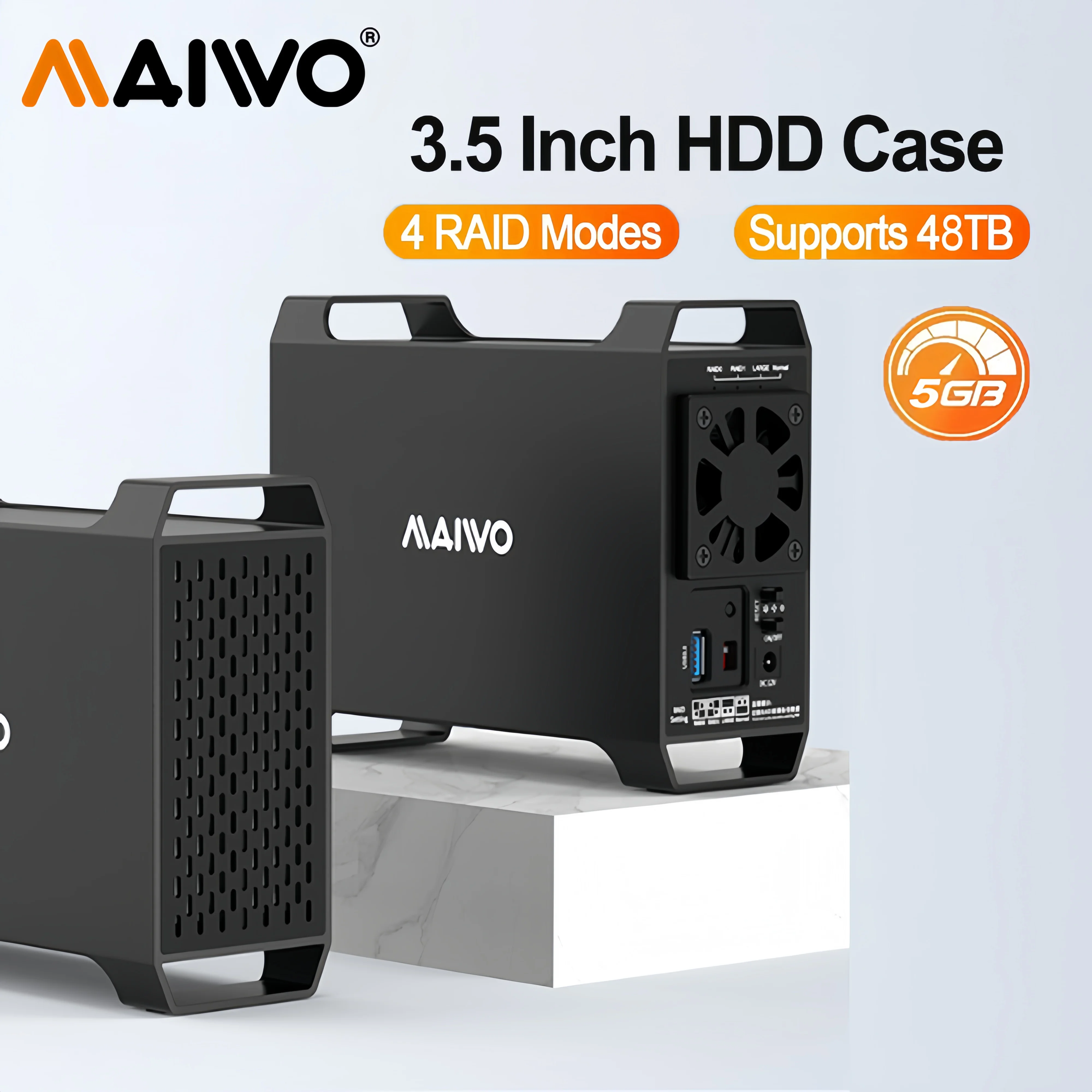 MAIWO 3,5-Zoll-Dual-Bay-SATA-HDD-Festplattengehäuse mit Lüfter für 4 Raid-Modi, USB 3.0, 5 Gbit/s, 48 TB Kapazität, Aluminiumlegierung Image