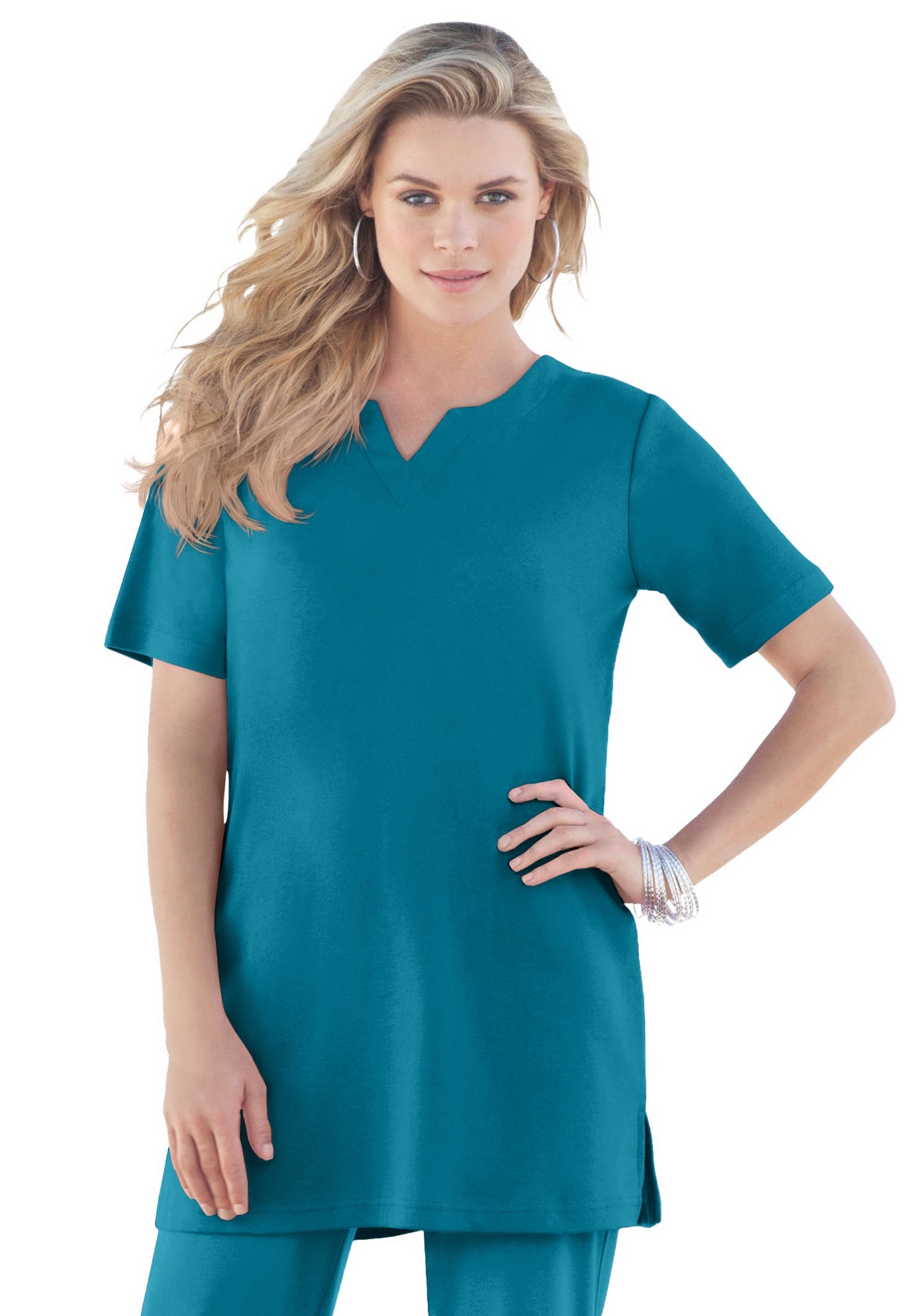 Plus Size Women's Plus Size Soft Knit Tunic with Notch Neckline by Roaman's in Deep Teal (Size 5X) Short Sleeve T-Shirt