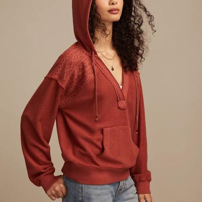 Lucky Brand Crochet Trim Baja Hoodie - Women's Clothing Outerwear Sweatshirts Crewneck Hoodies in Mahogany, Size M