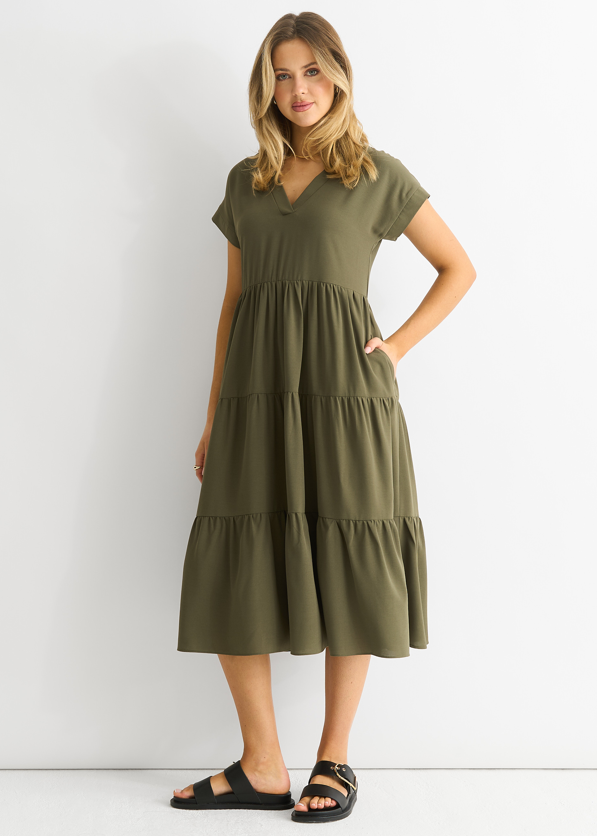 Khaki V-Ausschnitt Taschen-Smock Midikleid Image