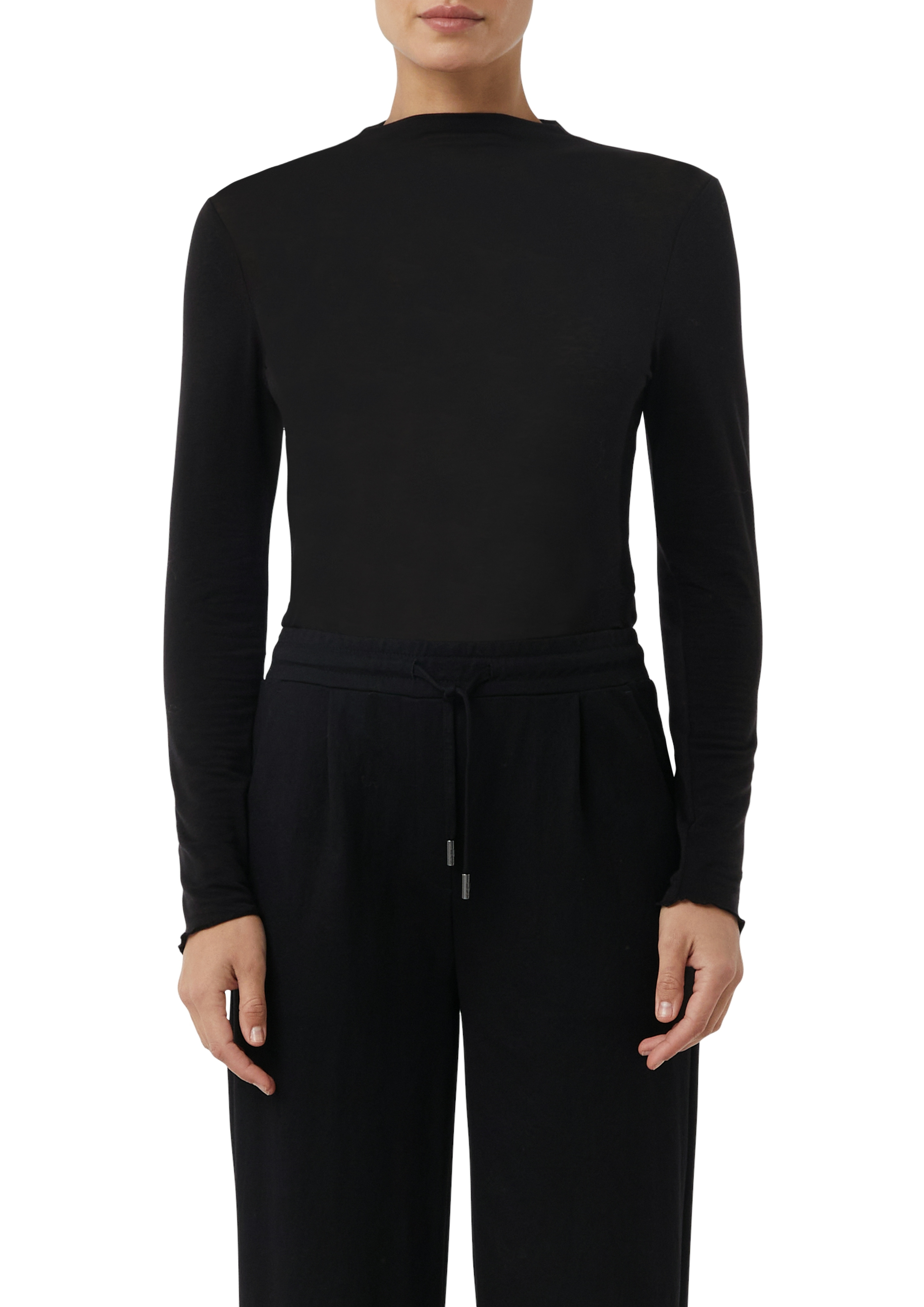 Langarmshirt "semitransparente Optik", Damen, Gr. 42, schwarz, Single Jersey, Obermaterial: 76% Lyocell, 19% Wolle, 5% Elasthan, COMMA CASUAL IDENTITY, unifarben, slim fit hüftlang, Rundhals, Shirts Langarmshirt, hoher Rundhalsausschnitt, casual,...