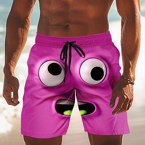 Herren 3D Zeichentrick Lächelndes Gesicht Badehosen Badeshorts Boardshorts Mittlere Taille Lustig Outdoor Urlaub Alltagskleidung Seitentaschen Netzfutter Elastischer Kordelzug in der Taille Designer Image