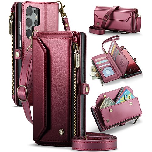 Handy Hülle Handyhüllen Für Samsung Galaxy S22 S21 Ultra Plus S20 A56 A36 A16 A55 5G A35 5G A25 A15 Brieftaschenhülle mit Trageriemen Mit Handgelenkschlaufe Ständer TPU PU-Leder Image