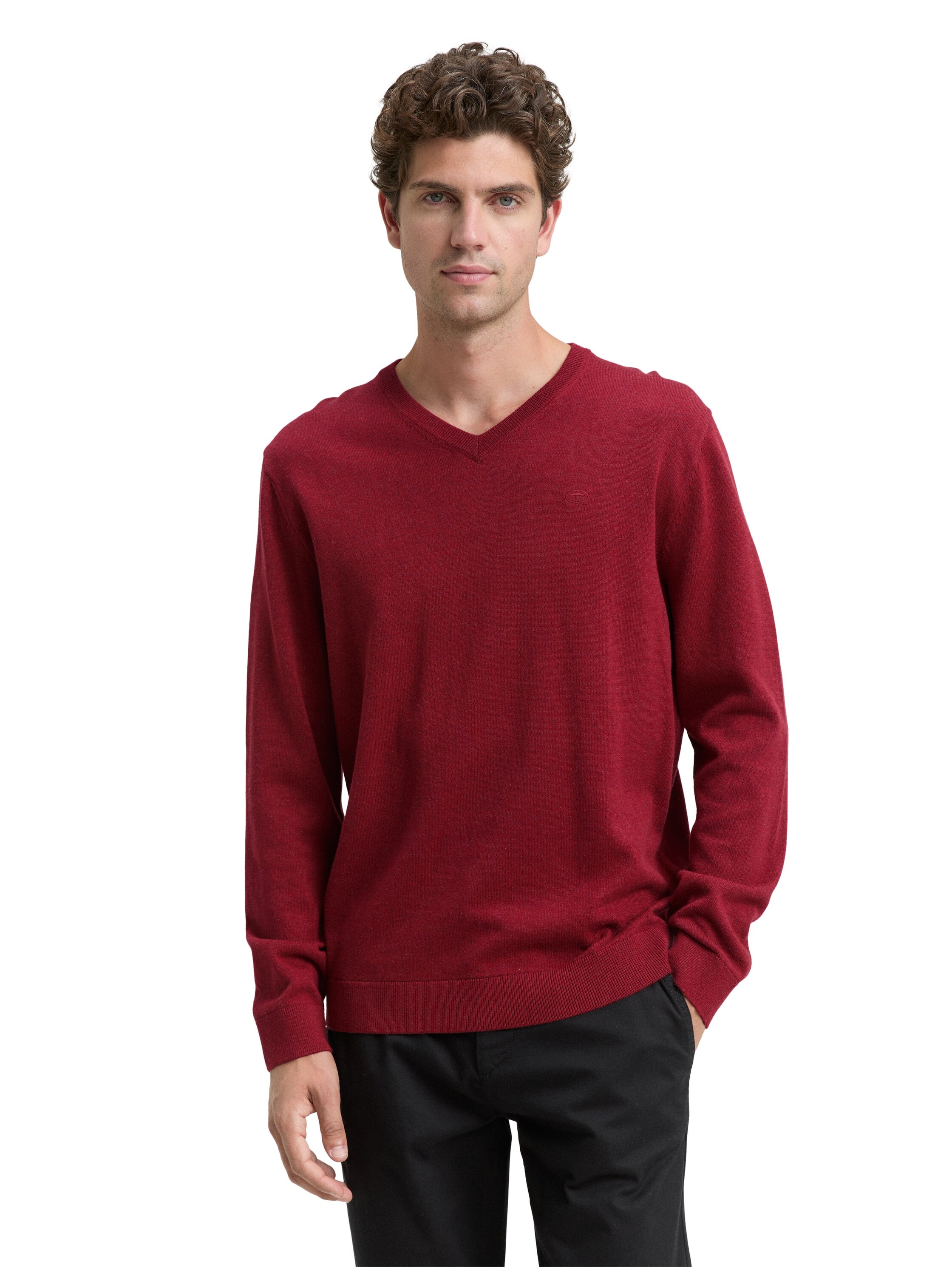 V-Ausschnitt-Pullover TOM TAILOR, Herren, Gr. XXL, rot (schwarz samba rot melange), Strick, Obermaterial: 100% Baumwolle, meliert, regular fit normal, V-Ausschnitt, Rippbündchen, Pullover, mit kleiner Logo-Stickerei