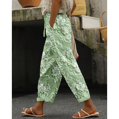 Damen Stoffhosen Hosen Hose Mode Streetwear Volle Länge Mittlere Taille Blume Druck Atmungsaktivität Bequem Straße Alltagskleidung Ausgehen Blau Aprikose Schwarz Weiß Sommer Frühling Normale Passform Image
