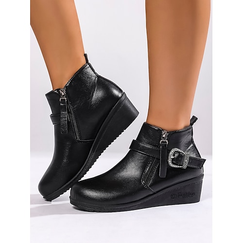 Damen Stiefel Täglich Stiefeletten Kette Keilabsatz Runde Zehe Lässig Wildleder Kunstleder Reißverschluss Schwarz Braun Image