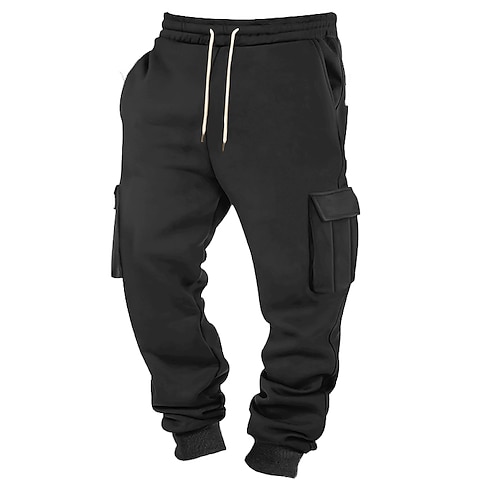 Herren Fleecehose Jogginghose Hose Cargo-Jogginghose Elastischer Bund Kordelzug Mehrere Taschen Einfach Komfort Sport im Freien Täglich Mode Lässig Schwarz Weiß Mikroelastisch Image