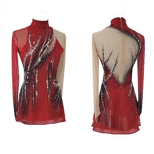 Eiskunstlaufkleid Damen Mädchen Eislaufen Kleid Schwarz Rrot Daumenloch Halo-Färbung Hohe Elastizität Professionell Wettbewerb Eiskunstlaufkleidung Thermowarm Kristall / Strass Langarm Eislaufen Image