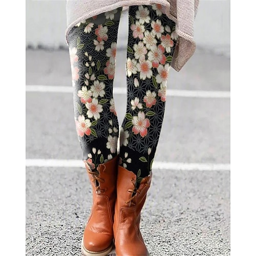 Damen Hosen Hose Leggings Gemütliche Leggings Streetwear Lässig Volle Länge Hohe Taille Blume Elastischer Bund Druck Atmungsaktivität Bequem Dehnbar Urlaub Straße Alltagskleidung Schwarz Frühling Image