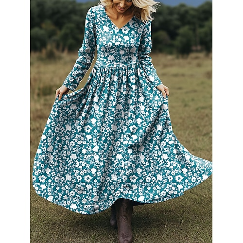 Damen Maxikleid A Linie Kleid Urlaub Lässig Boho Strand Normale Passform Blumen Grafik Langarm V Ausschnitt Rote Blau Purpur Grün Frühling Herbst Image