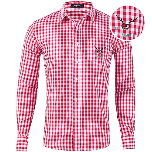 Oktoberfest Kariert Lederhosenhemd Brezel Hirsch-Druck Bayerisch Deutsch Wiesn Herren Karneval Bier Festival Stoff im traditionellen Stil Hemd Image